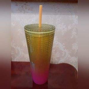 Starbucks 2022 Lemon Neon Pink Ombre Grid Tumbler